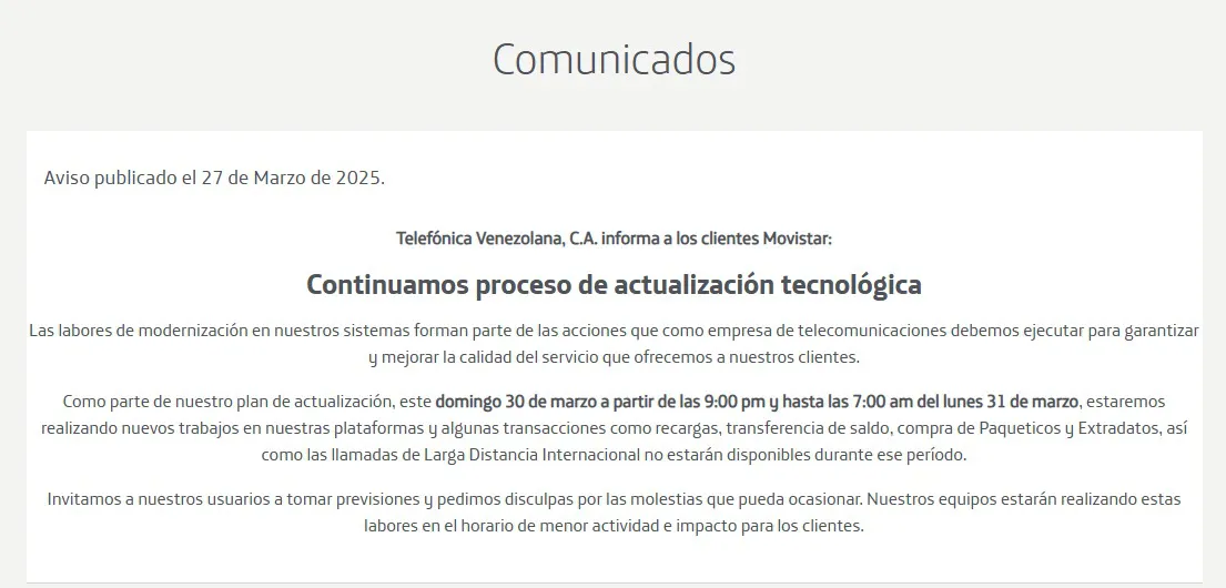 Comunicado Movistar Venezuela, 27 de Marzo de 2025. Comunicado Movistar Venezuela, 27 de Marzo de 2025.