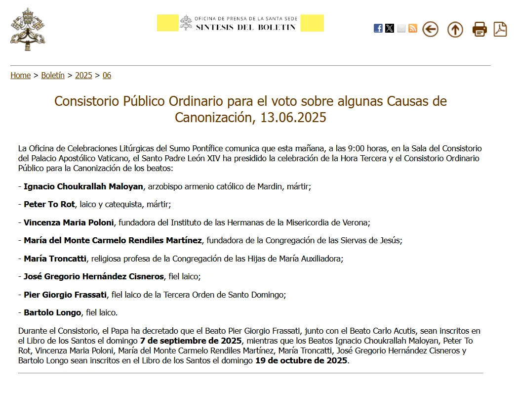 Boletín oficial de la Santa Sede que anuncia fecha de canonización de José Gregorio Hernández y Carmen Rendiles  Boletín oficial de la Santa Sede que anuncia fecha de canonización de José Gregorio Hernández y Carmen Rendiles