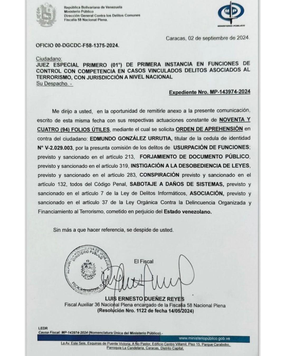 EL MINISTERIO PÚBLICO SOLICITA ORDEN DE APREHENSIÓN CONTRA EDMUNDO GONZÁLEZ URRUTIA POR GRAVES DELITOS