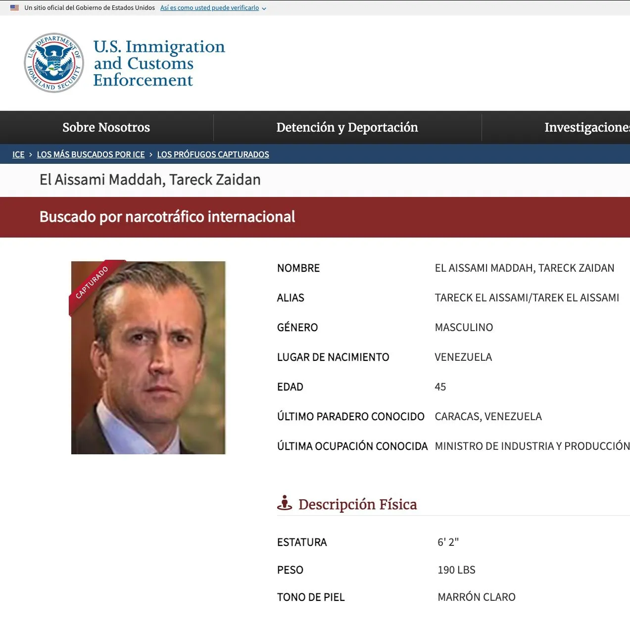 Tareck El Aissami, fue registrado por el ICE como 