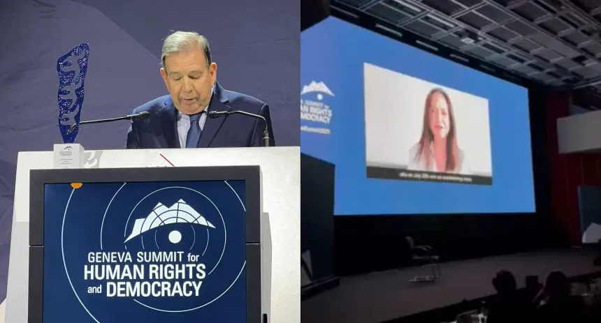 Edmundo González Urrutia y María Corina Machado recibiendo premio al Coraje de DD.HH. 2025