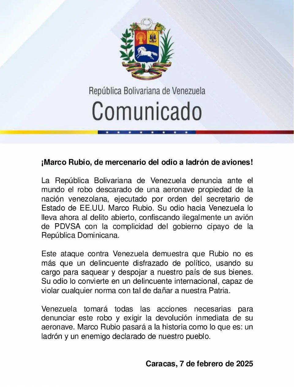 Comunicado Cancillería de Venezuela 7 de febrero 2025. Comunicado Cancillería de Venezuela 7 de febrero 2025.