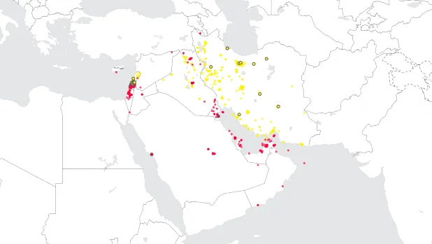 Fuentes: Instituto para el Estudio de la Guerra y Proyecto de Amenazas Críticas del AEI, a fecha de la tarde del 20 de marzo, hora de Oriente Medio, según informa Bloomberg News.
